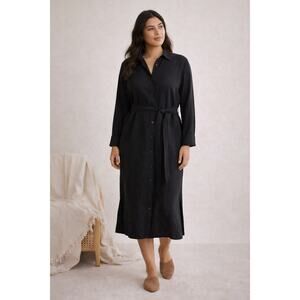 Banana Republic Linen Belted Shirt Dress Black Button Front Midi Long Sleeve M